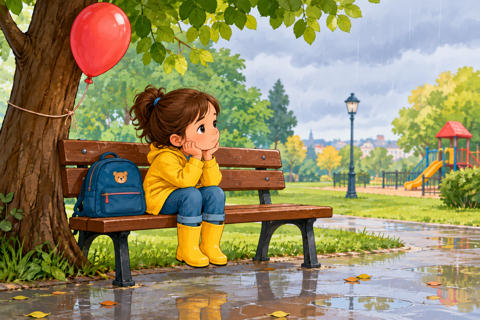 a imagem não dá uma resposta única. Cada criança pode imaginar uma história diferente: a menina pode estar à espera de alguém, pode estar triste, pode estar simplesmente a observar o parque… Não sabemos realmente o que aconteceu.