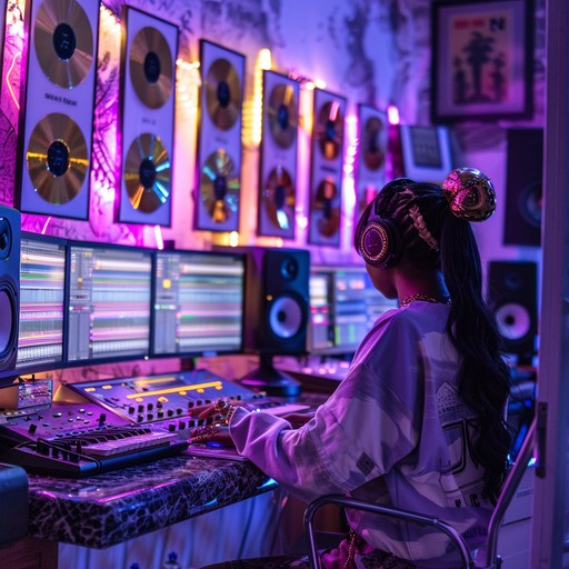 "A Imersão do Produtor Urbano": Fotografia de uma jovem produtora/música num estúdio digital com iluminação LED néon (azul/violeta), de auscultadores grandes, cabeça baixa e mãos na mesa de som/controlador MIDI.
